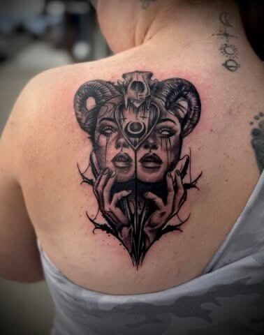 Black and grey gothic blackwork back piece by Sean
